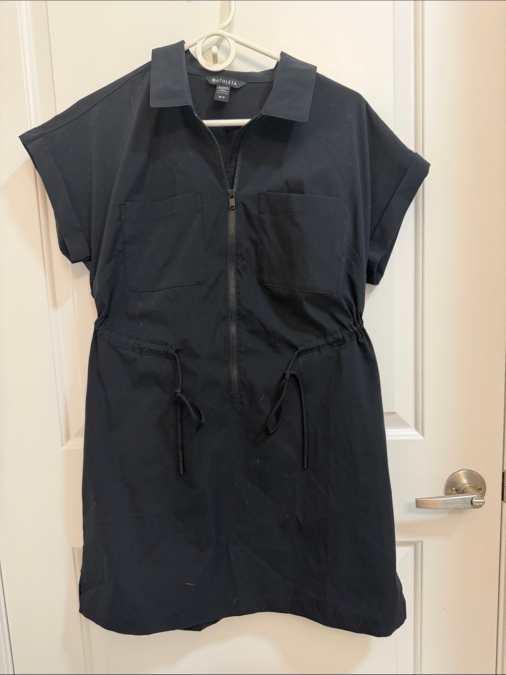 Athleta Black Short Sleeve Zip-Front Drawstring Collar Dress